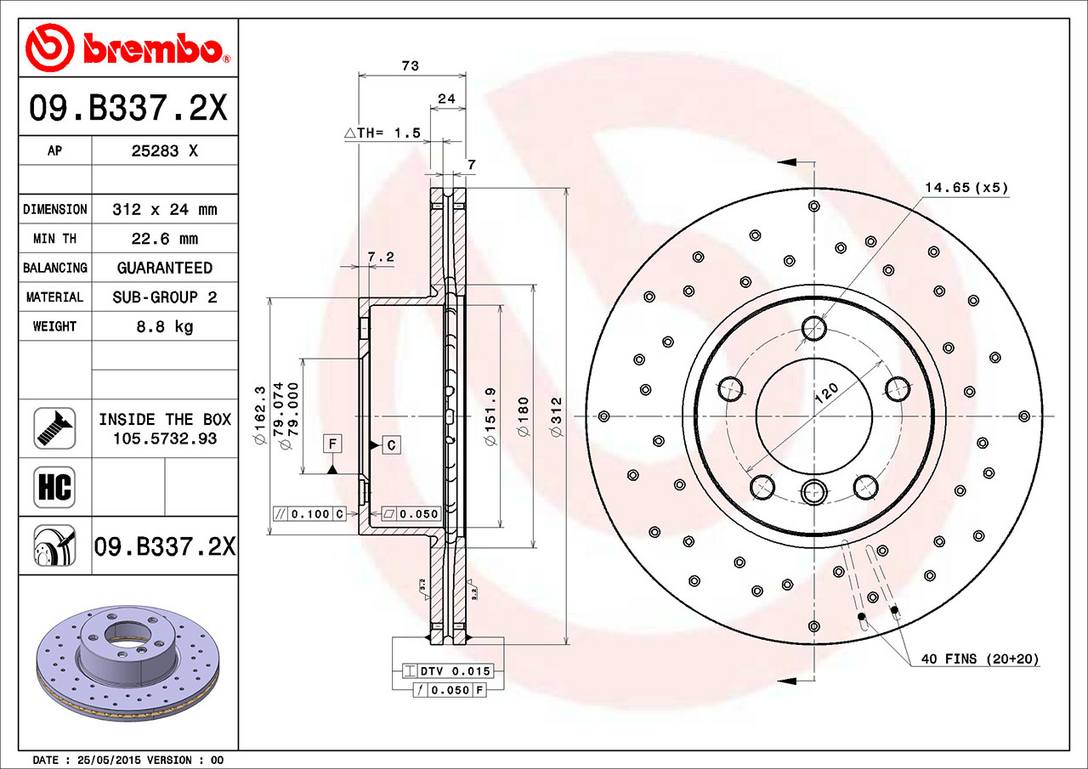 BMW Brembo Disc Brake Rotor - Front (312mm) (Cross-Drilled) 34116855006